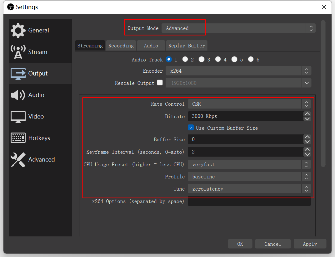 Output settings